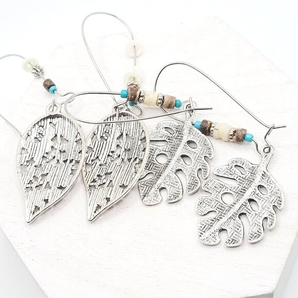 2 Drop Dangle Leaf Earrings Silver Tone Boho Bohemian 2.75" Large Hooks EUC - Picture 5 of 5